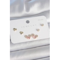 Pirinç Gold Renk Pembe Zirkon Taşlı Kalp Model 925 Ayar Gümüş Çivi Kadın Küpe Seti