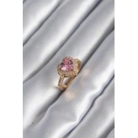 Pirinç Gold Renk Pembe Zirkon Taşlı Charm Kalp Model Kadın Yüzük