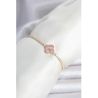 Pirinç Gold Renk Pembe Zirkon Taşlı Yonca Model Su Yolu Kadın Bileklik