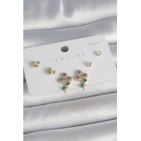 Pirinç Gold Renk Renkli Zirkon Taşlı Çiçek Model Yaprak Detay 925 Ayar Gümüş Çivi Kadın Küpe Seti