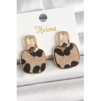 Pirinç Gold Renk Sallantı Kare Leopar Model Kadın Küpe