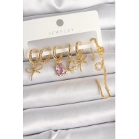 Pirinç Gold Renk Sallantı Kurdele Model Pembe Kare Zirkon Taşlı Kadın Küpe Seti