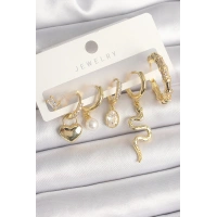 Pirinç Gold Renk Sallantı Yılan Model Zirkon Taşlı Halka Kilit Kalp Detay Kadın Küpe Seti