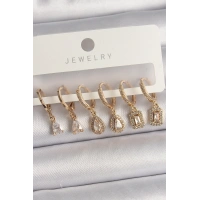 Pirinç Gold Renk Sallantı Zirkon Taşı Damla Model Kadın Küpe Seti