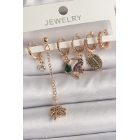 Pirinç Gold Renk Sallantı Zirkon Taşlı Ağaç Figür Kadın Küpe Seti