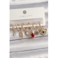 Pirinç Gold Renk Sallantı Zirkon Taşlı Fatma Ana El Figür Kadın Küpe Seti