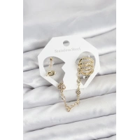 Pirinç Gold Renk Sarmal Model Zincir Bağlantılı Ear Cuff Küpe Seti