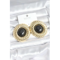 Pirinç Gold Renk Siyah Boncuklu Vintage Kadın Küpe