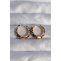 Pirinç Gold Renk Siyah Etnik Desenli Halka Küpe