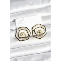 Pirinç Gold Renk Siyah Mineli Geometrik Gül Model Kadın Küpe