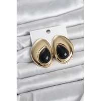 Pirinç Gold Renk Siyah Taşlı Damla Model Vintage Kadın Küpe