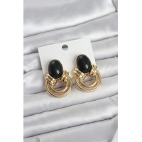 Pirinç Gold Renk Siyah Taşlı Vintage Kadın Küpe