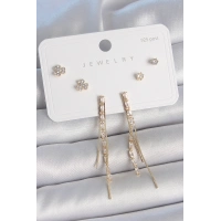 Pirinç Gold Renk Su Yolu Zirkon Taşlı Sallantı Model Çiçek Detay 925 Ayar Gümüş Çivi Kadın Küpe Seti