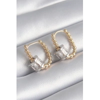 Pirinç Gold Renk Top Model Gümüş Renk Zirkon Taşlı Kadın Küpe