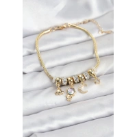 Pirinç Gold Renk Uzay Tema Charmlı Kadın Bileklik