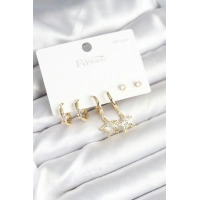 Pirinç Gold Renk Yıldız Model 925 Gümüş Çivili Kadın Küpe Seti