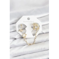 Pirinç Gold Renk Yıldız Model Zincir Bağlantılı Ear Cuff Küpe Seti