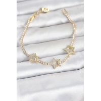 Pirinç Gold Renk Yıldız Model Zirkon Taşlı Su Yolu Kadın Bileklik
