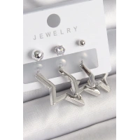 Pirinç Gold Renk Yıldız Model Zirkon Taşlı Topçuk Detay Kadın Küpe Seti