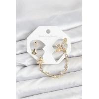 Pirinç Gold Renk Yıldızlı Model Zincir Bağlantılı Ear Cuff Küpe Seti