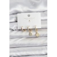 Pirinç Gold Renk Yonca Model 3lü Kadın Küpe Seti