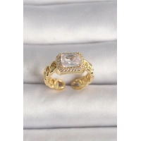 Pirinç Gold Renk Zincir Model Kare Zirkon Taşlı Kadın Yüzük