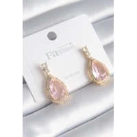 Pirinç Gold Renk Zirkon Taş Detay Damla Pembe Zirkon Taş Model Kadın Küpe