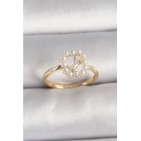 Pirinç Gold Renk Zirkon Taş Detaylı İncili Ayarlanabilir Yüzük