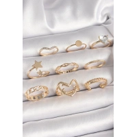 Pirinç Gold Renk Zirkon Taş Detaylı Kalp Yıldız Figür Kadın Yüzük Kombini