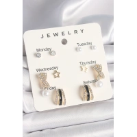 Pirinç Gold Renk Zirkon Taş Yıldız Detaylı İncili 7Li Set Kadın Küpe Seti