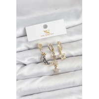 Pirinç Gold Renk Zirkon Taşlı Ay ve Yıldız Model YSX Trio Küpe Seti