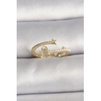 Pirinç Gold Renk Zirkon Taşlı Beyaz Mineli Yıldız Detaylı Ayarlanabilir Kadın Yüzük