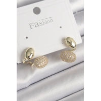 Pirinç Gold Renk Zirkon Taşlı Bombeli Model Kadın Küpe