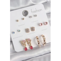 Pirinç Gold Renk Zirkon Taşlı Çiçek Figür İncili Halka Figür 7 Çift Kadın Küpe Seti