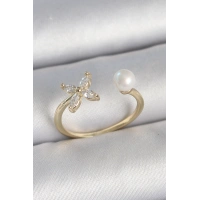 Pirinç Gold Renk Zirkon Taşlı Çiçek Model İnci Detay Ayarlanabilir Kadın Yüzük