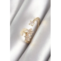 Pirinç Gold Renk Zirkon Taşlı Çiçek Model Kadın Yüzük