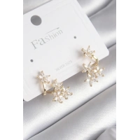 Pirinç Gold Renk Zirkon Taşlı Çiçek Tasarım Kadın Küpe