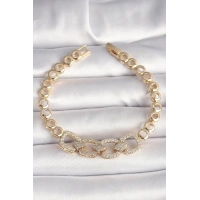 Pirinç Gold Renk Zirkon Taşlı Daire Zincir Model Kadın Bileklik