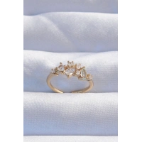 Pirinç Gold Renk Zirkon Taşlı Damla Detay Ayarlanabilir Yüzük