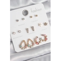 Pirinç Gold Renk Zirkon Taşlı Damla Model Yıldız Detaylı 7 Çift Kadın Küpe Seti