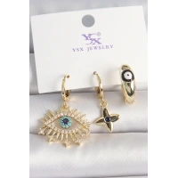 Pirinç Gold Renk Zirkon Taşlı Göz Figür Nazar Boncuk Detay 3Lü Kadın Kombin Küpe