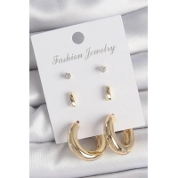 Pirinç Gold Renk Zirkon Taşlı Halka Model 3 Çift Kadın Küpe Seti