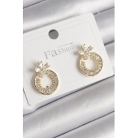 Pirinç Gold Renk Zirkon Taşlı Halka Model Çiçek Figür Kadın Küpe