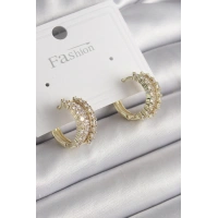 Pirinç Gold Renk Zirkon Taşlı Halka Model Kadın Küpe
