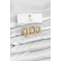 Pirinç Gold Renk Zirkon Taşlı Halka Model YSX Trio Küpe Seti