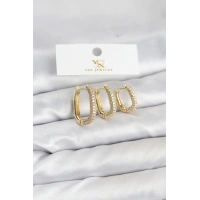 Pirinç Gold Renk Zirkon Taşlı Halka Model YSX Trio Küpe Seti