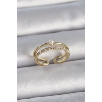 Pirinç Gold Renk Zirkon Taşlı İnci Detay Ayarlanabilir Model Kadın Yüzük