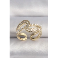 Pirinç Gold Renk Zirkon Taşlı İnci Detay VIP Seri Kadın Yüzük