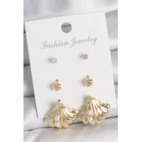 Pirinç Gold Renk Zirkon Taşlı İnci Detaylı Deniz Kabuğu Model 3 Çift Kadın Küpe Seti