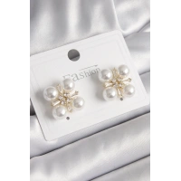 Pirinç Gold Renk Zirkon Taşlı İncili Kadın Küpe